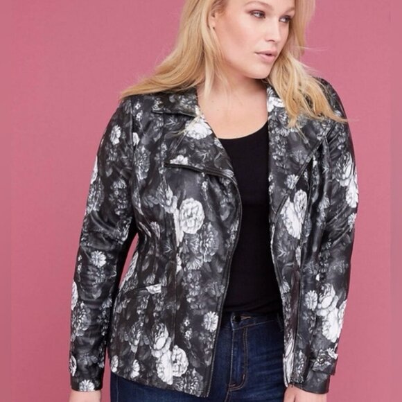 Lane Bryant Black and White Floral Faux Leather Jacket, Size 26/28 - Picture 1 of 11